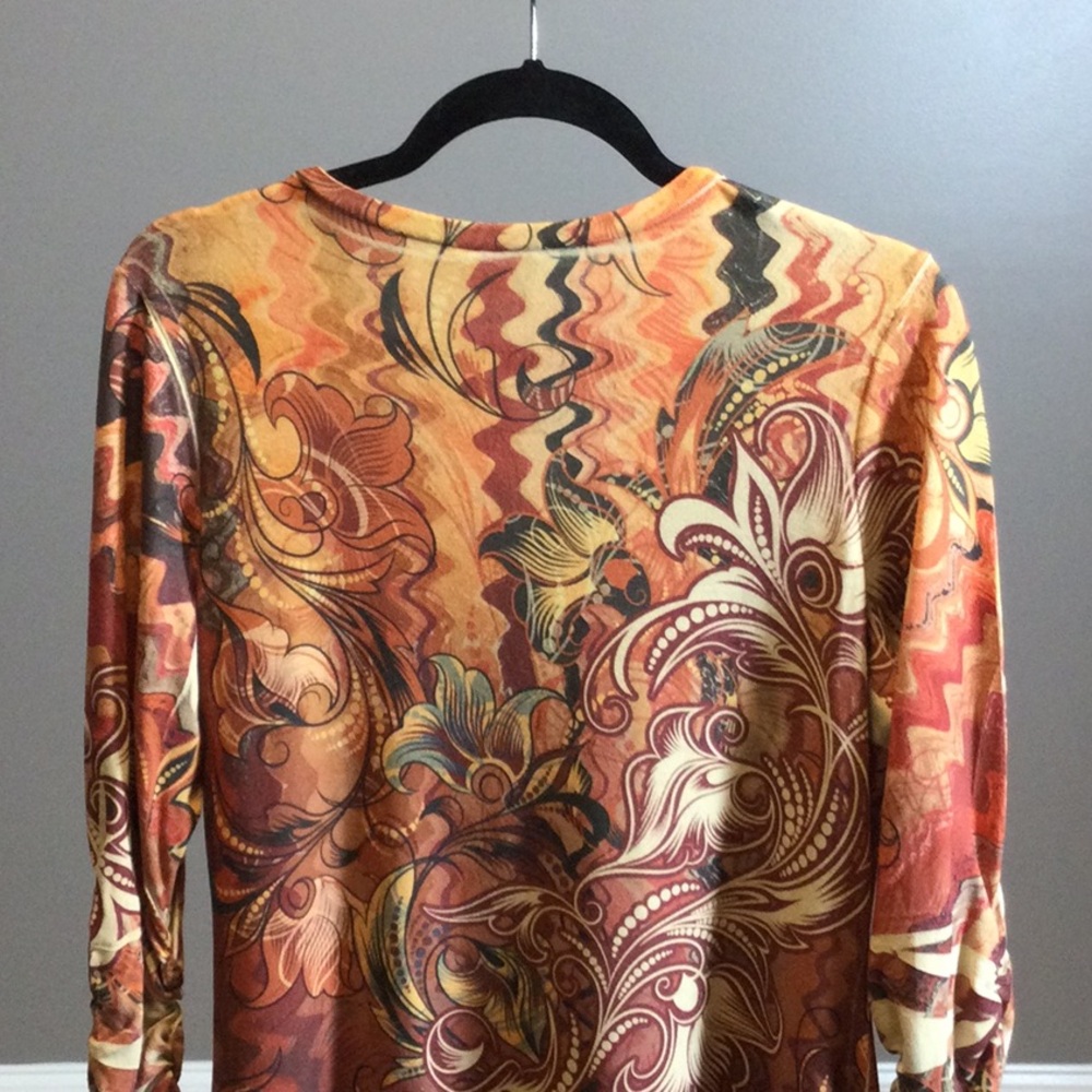 NWT L Roz & Ali Multicolor Floral-Print Long Sleeve Sharkbite Tunic - Rust - Picture 6 of 16